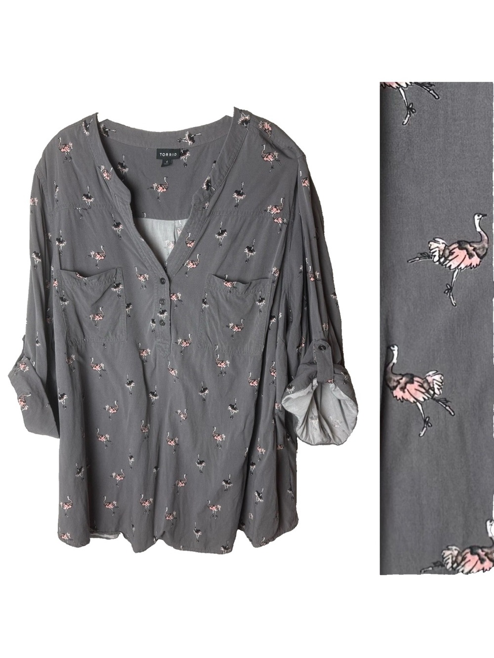 Torrid Popover Blouse Plus Size 4X Top 3/4 Roll-Tab Sleeves Ostrich Print Gray